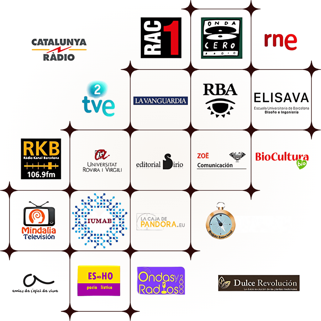 Colaboración con medios: catalunya radio, rac 1, onda cero radio, rne, tve, la vanguardia, rba, elisava, rkb, universitat rovira, sirio, zoe, biocultura, mindalia television, iumab, la caja de pandora, es ho, ondas radios